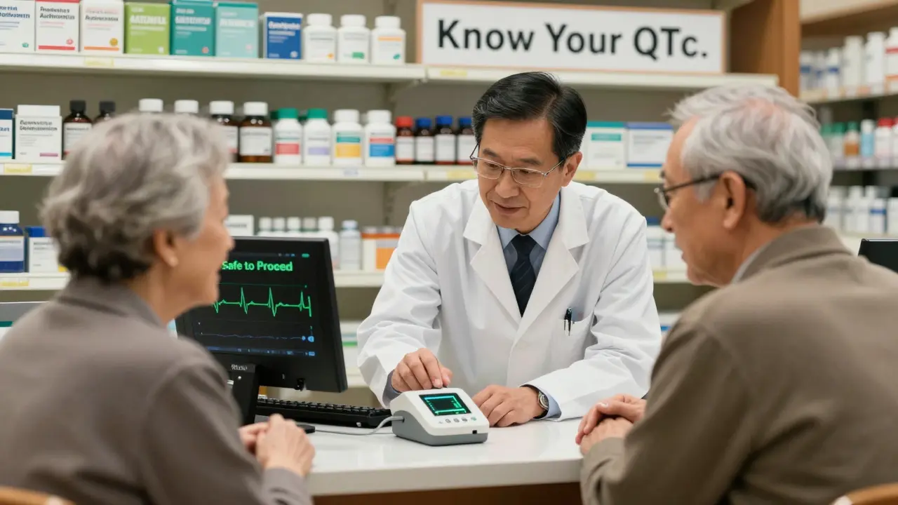 A pharmacist using a handheld ECG device at a pharmacy to check a patient's heart rhythm before dispensing antibiotics.