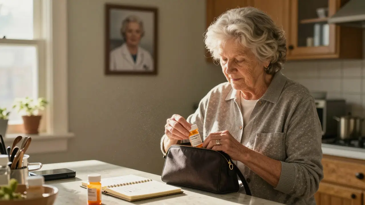 A woman packs her medicine into her purse at home, next to a notebook listing her medications, bathed in morning sunlight.