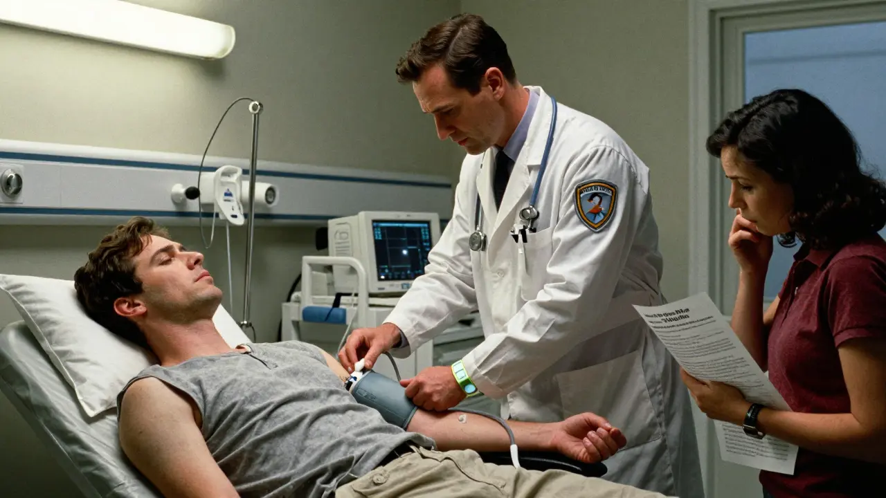 An emergency team administers life-saving hydrocortisone to a patient in the ER, medical ID bracelet visible.