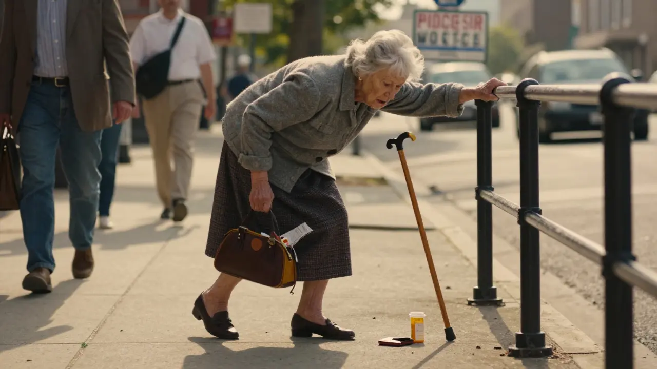 An older woman stumbles on a sidewalk, pills spilling from her purse, as others walk past unaware.