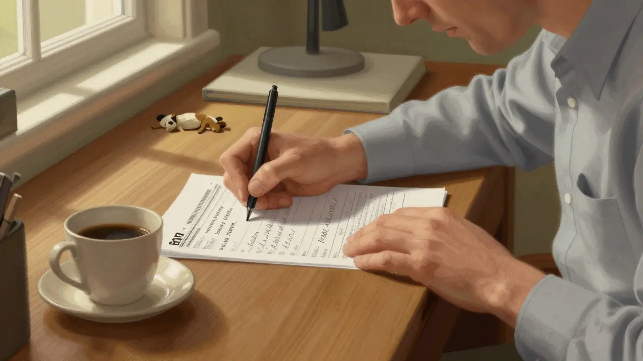 Man completing FDA report form at home desk with coffee cup
