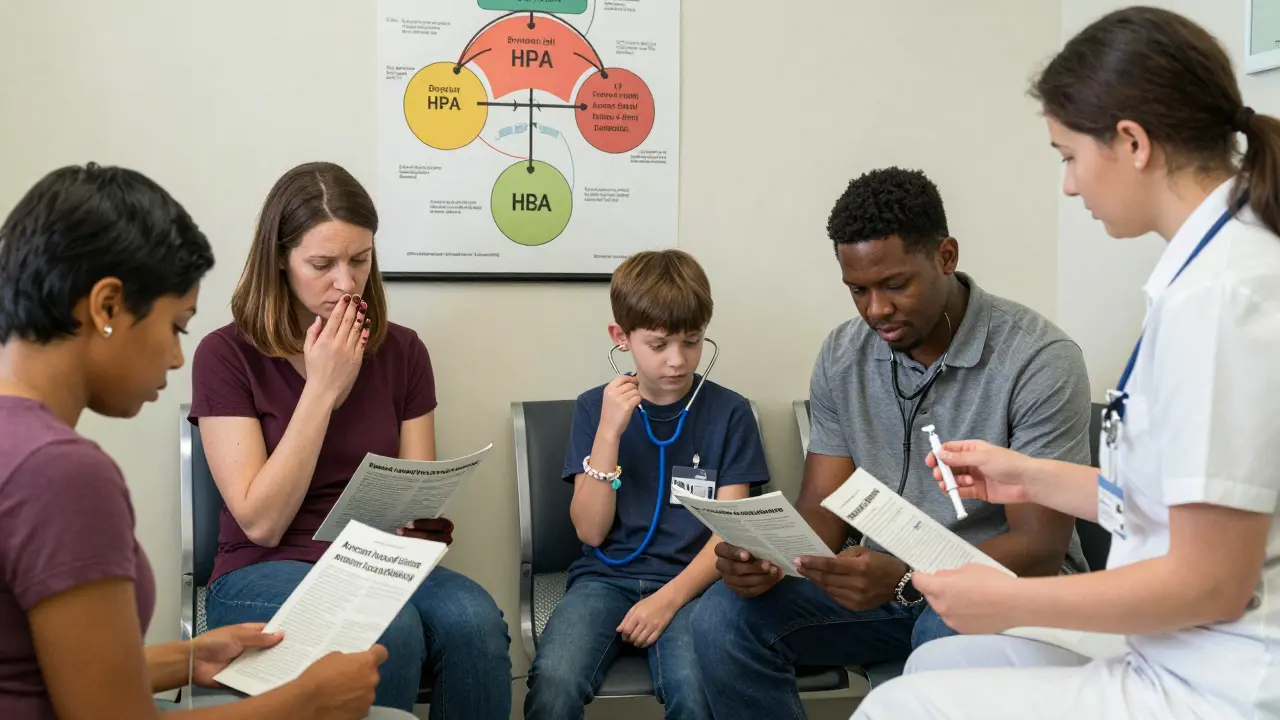 Patients in a clinic learn about adrenal insufficiency, one woman notices darkened skin, and a nurse gives an emergency injection.