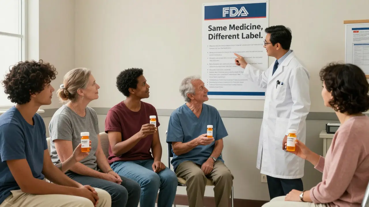 Patients in a clinic wait with their prescriptions, a poster behind them reads 'Same Medicine, Different Label.'