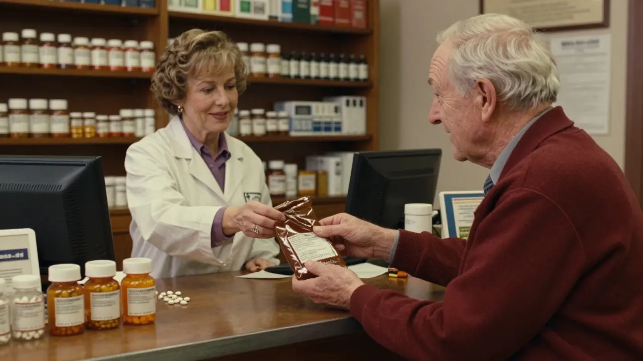 Senior presenting medications in brown bag for pharmacist review at pharmacy.