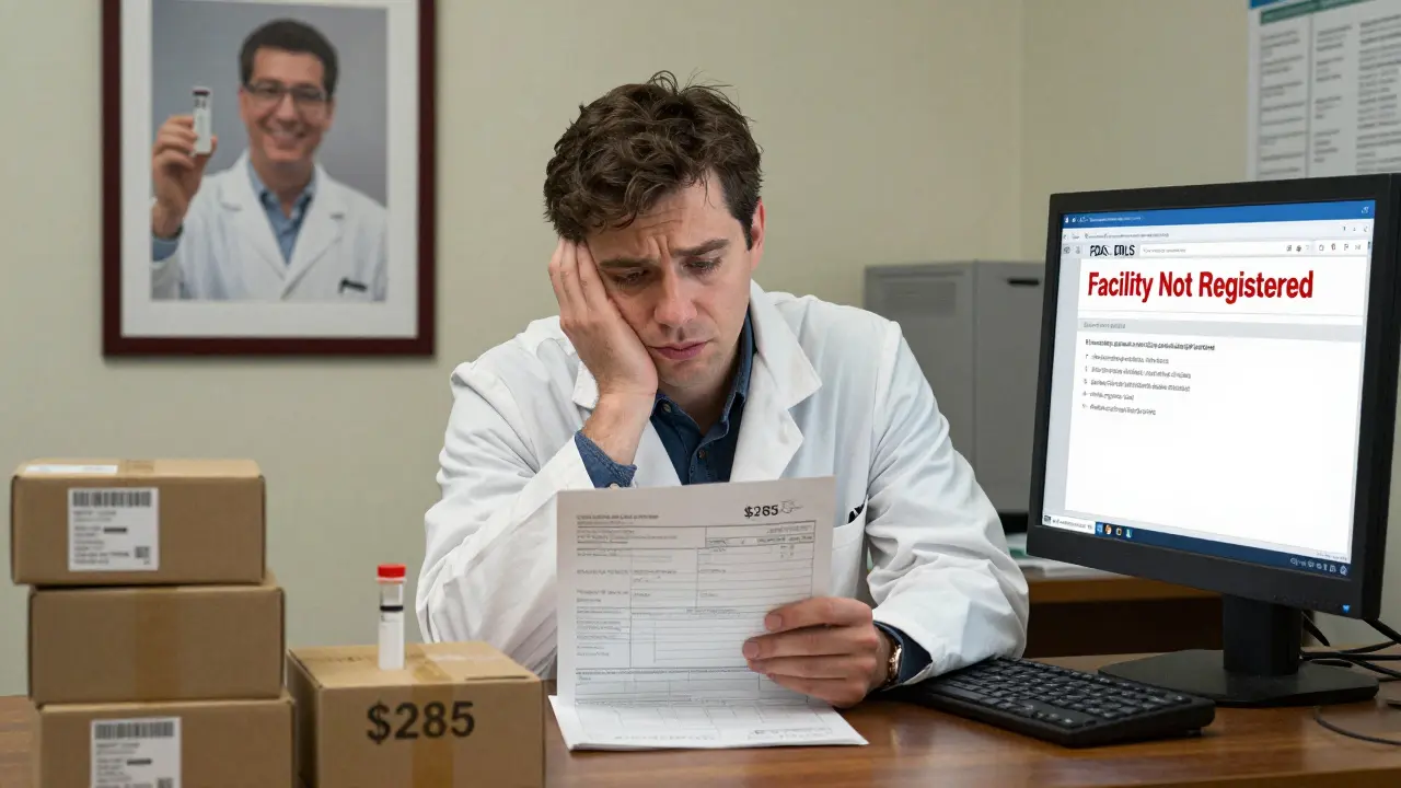 A researcher stares at a customs invoice for research samples, with a computer screen showing an FDA registration error.