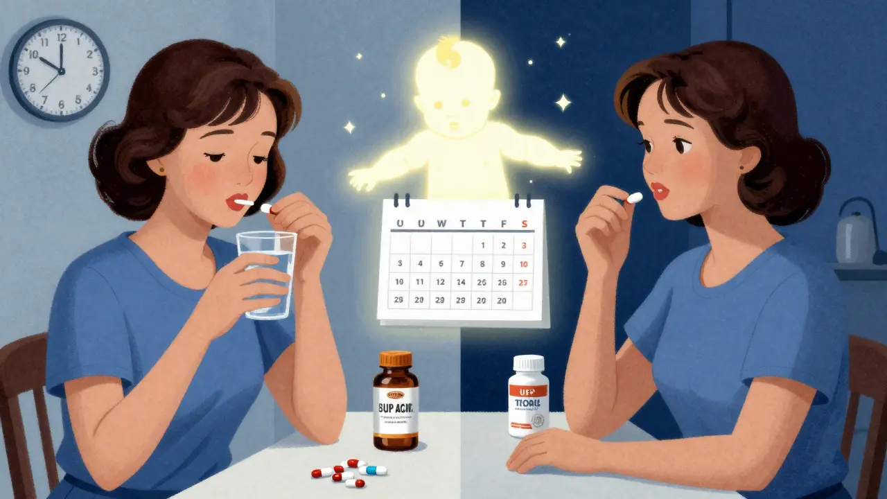 A woman takes folic acid in the morning and iron at night, with a glowing baby symbolizing healthy development.
