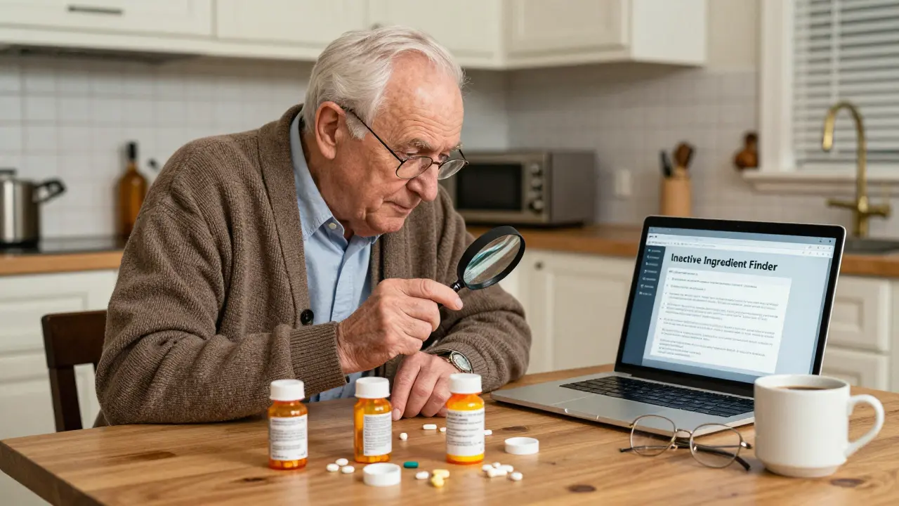An elderly man examining pill labels with a magnifying glass, surrounded by medication bottles and a laptop displaying an app.
