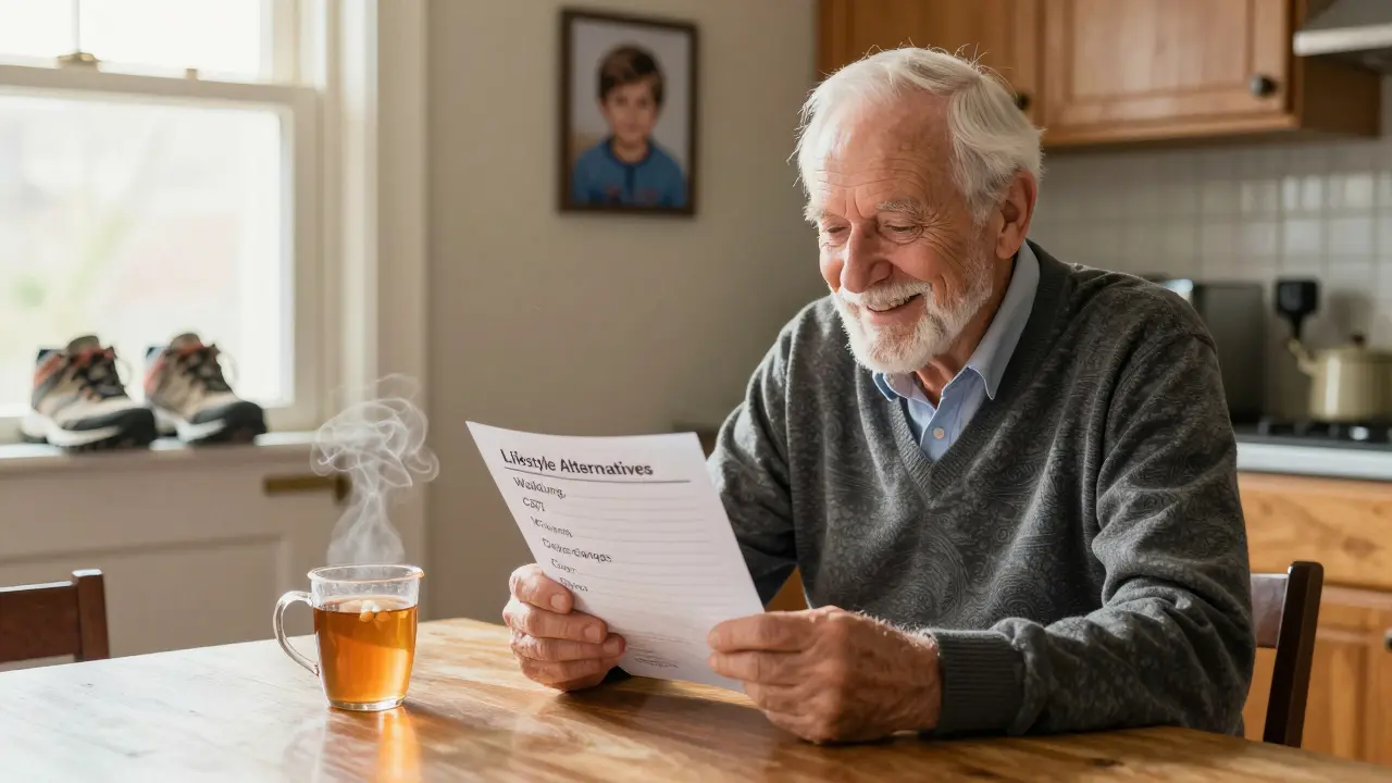 An elderly man smiles at lifestyle alternatives to medication, with walking shoes by the door and a family photo on the wall.