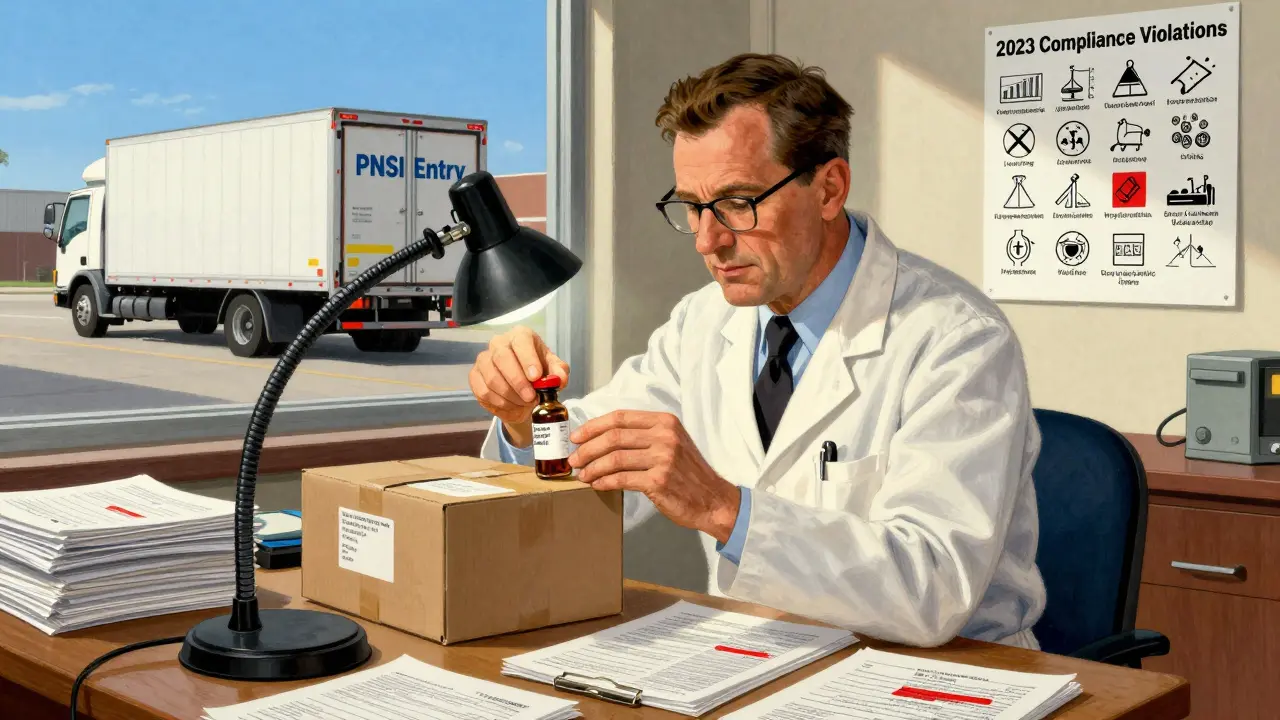 An FDA inspector checks a detained drug vial in a lab, surrounded by paperwork and a compliance violation chart.