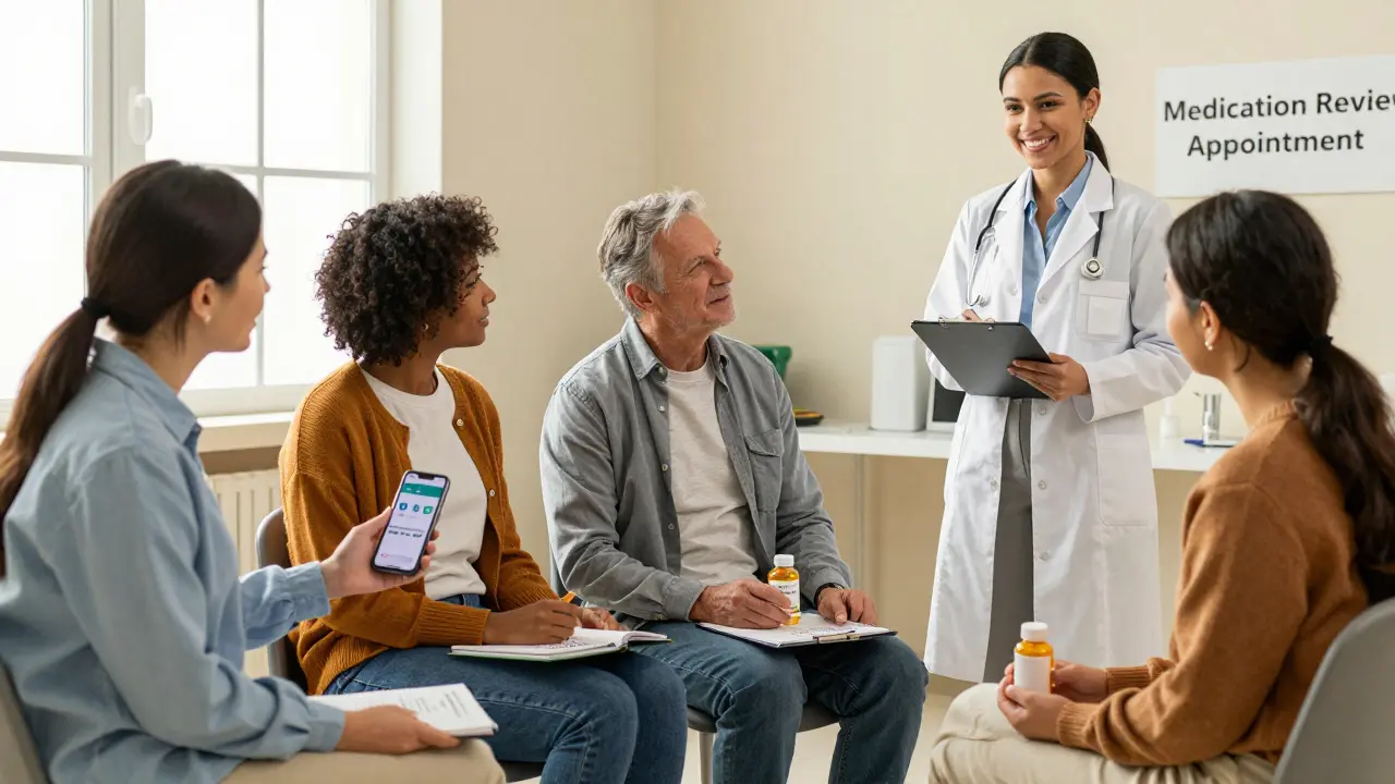 Diverse patients prepare for a medication review in a clinic waiting room, each holding helpful tools and notes.