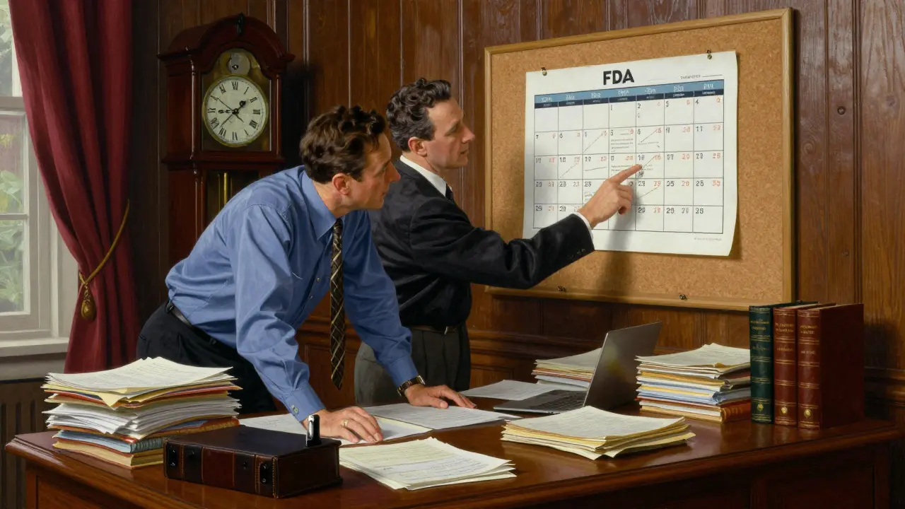 Government officials reviewing paperwork at a wooden desk in a historic office.