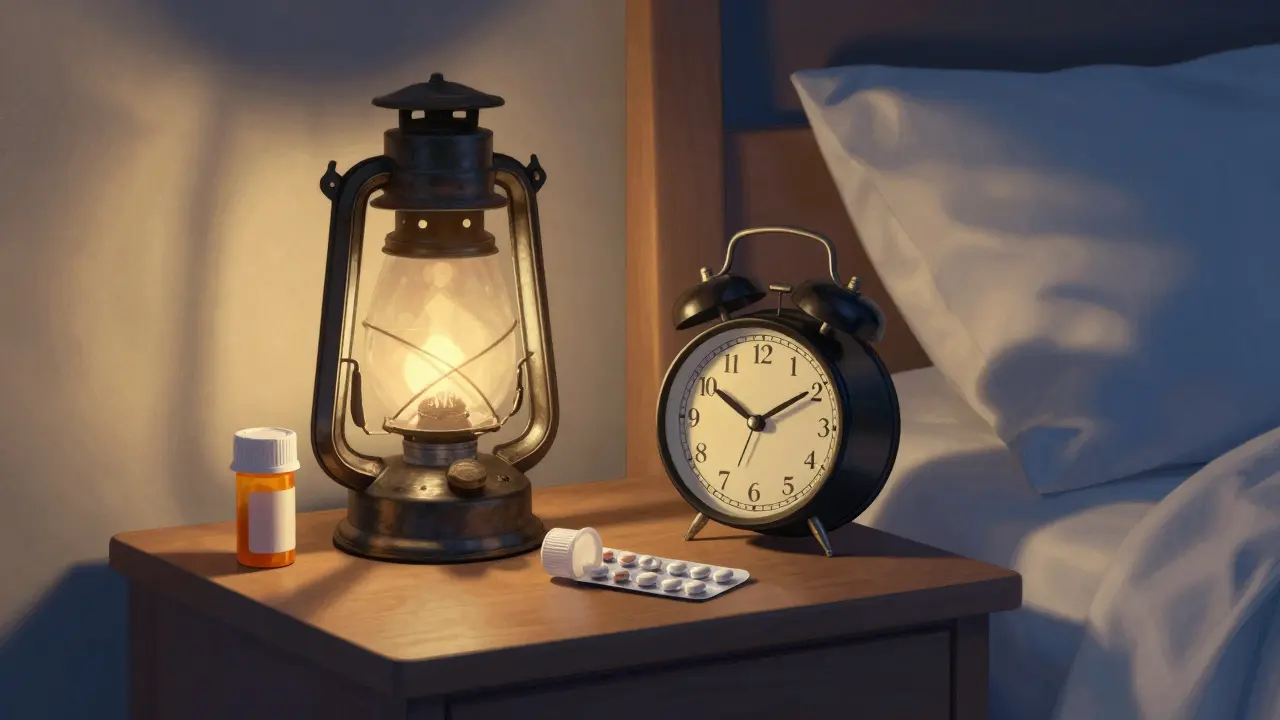 Nightstand with clock and pill organizers for routine.