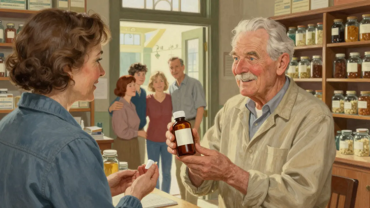Pharmacist handing medication to a smiling elderly customer in a vintage shop.