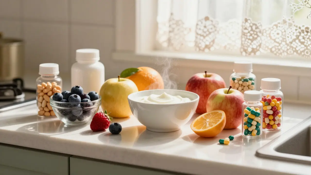 Yogurt bowl and supplement bottles on wooden counter.