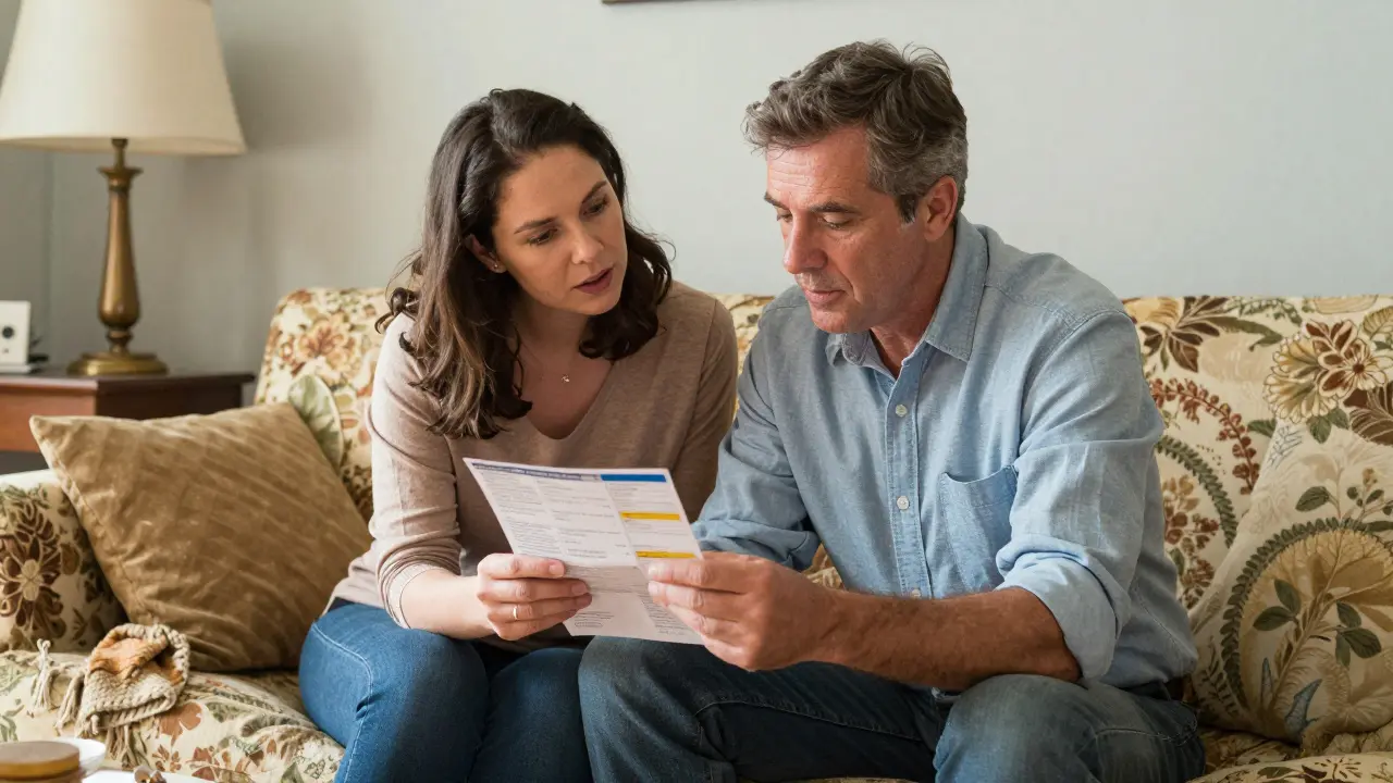 A couple sitting on a sofa carefully reading a medication guide together