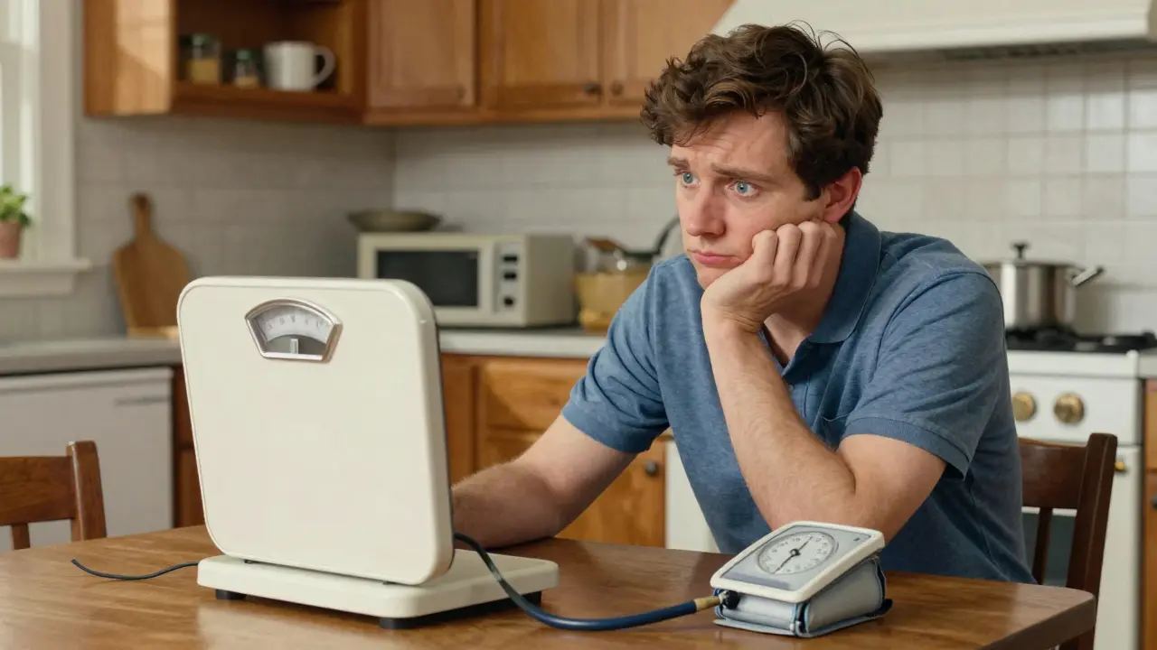 A person reflecting on metabolic health tools in a home setting