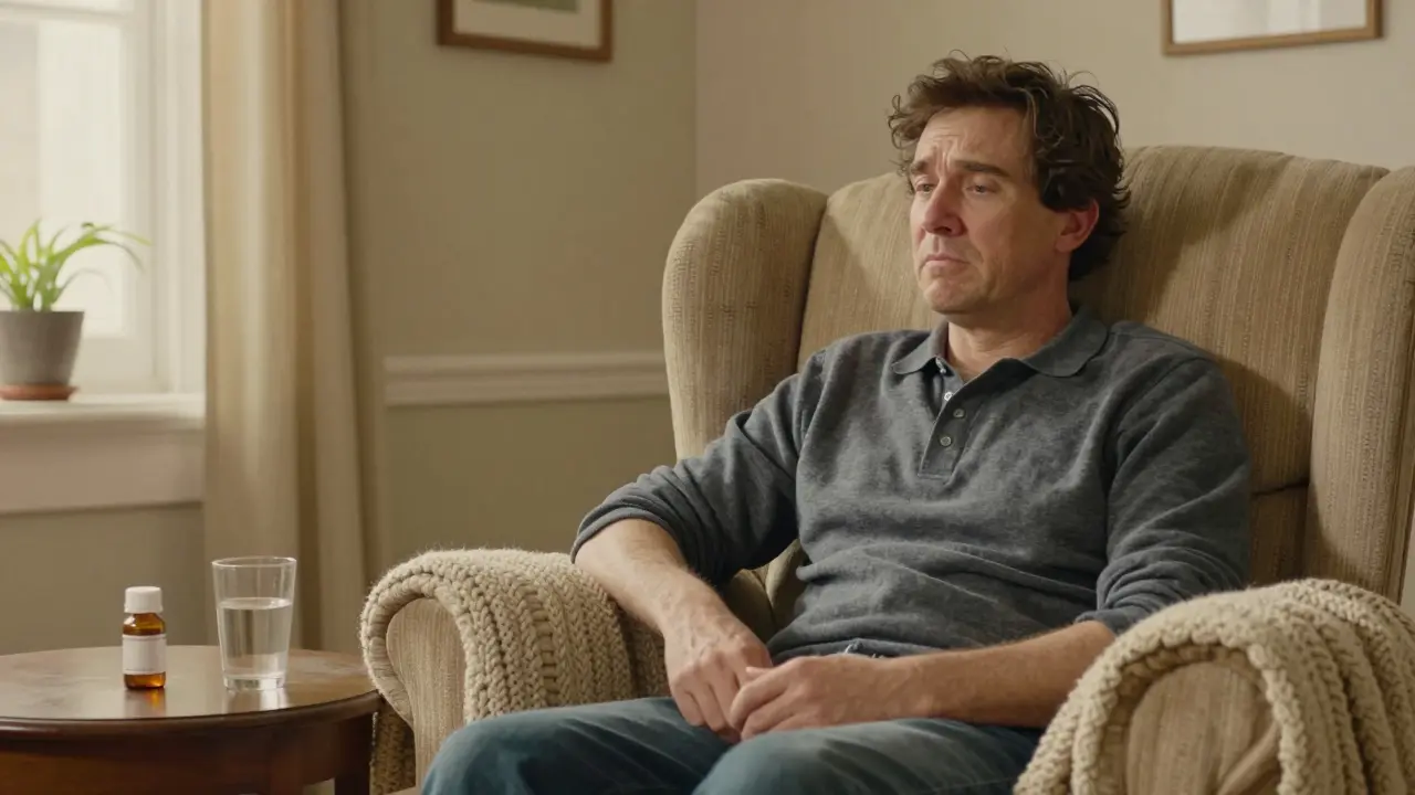 A relaxed person in a cozy home setting with a generic medication bottle on a side table.