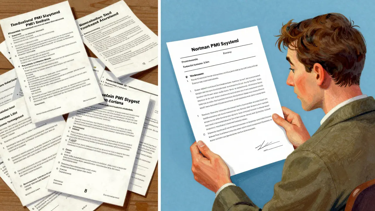 Comparison between a cluttered pile of medical leaflets and a simple, clear one-page document