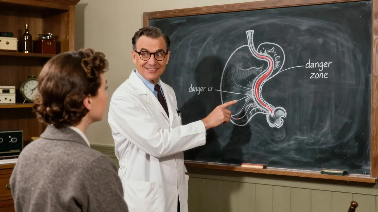 Doctor explaining esophageal health to a patient using a chalkboard.