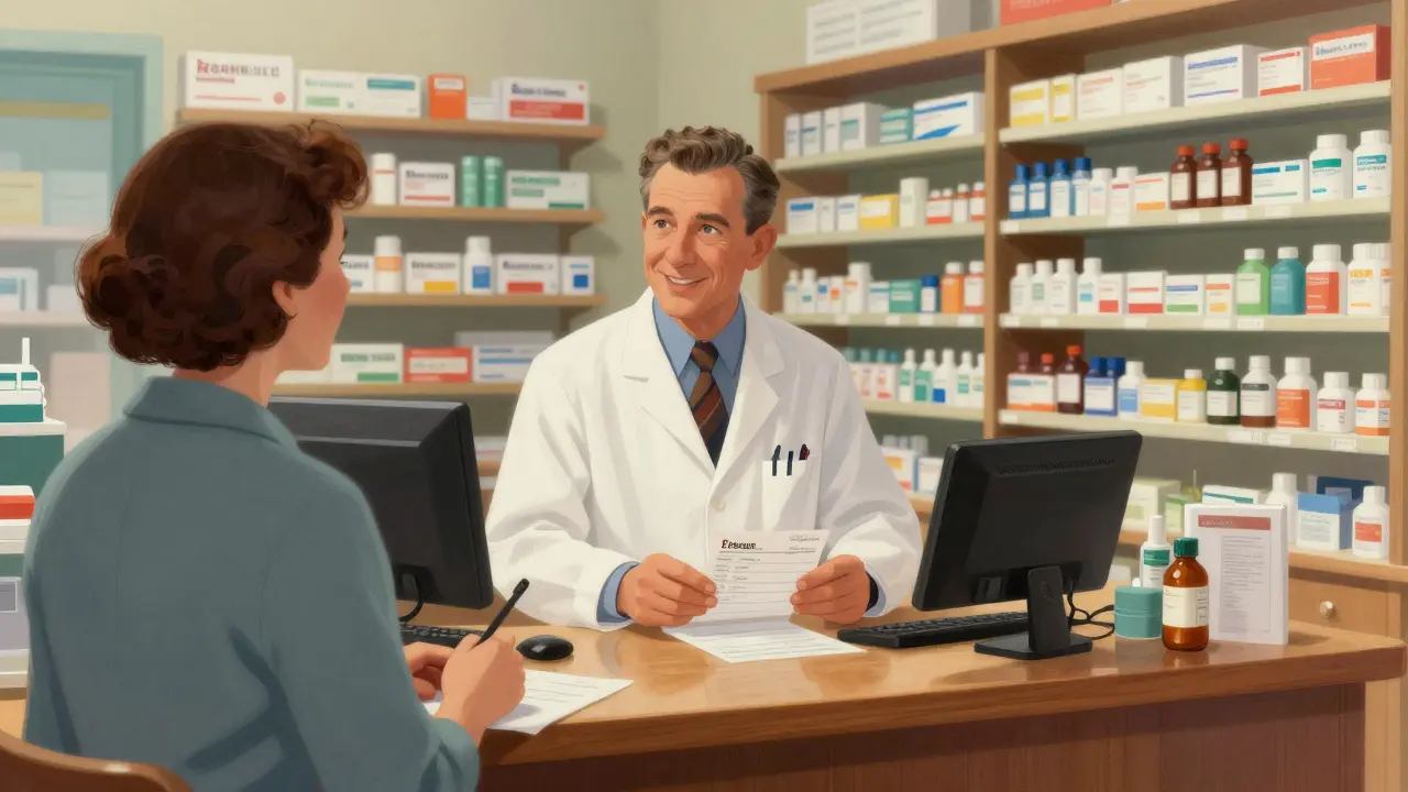 Friendly pharmacist reviewing a prescription at a traditional pharmacy counter