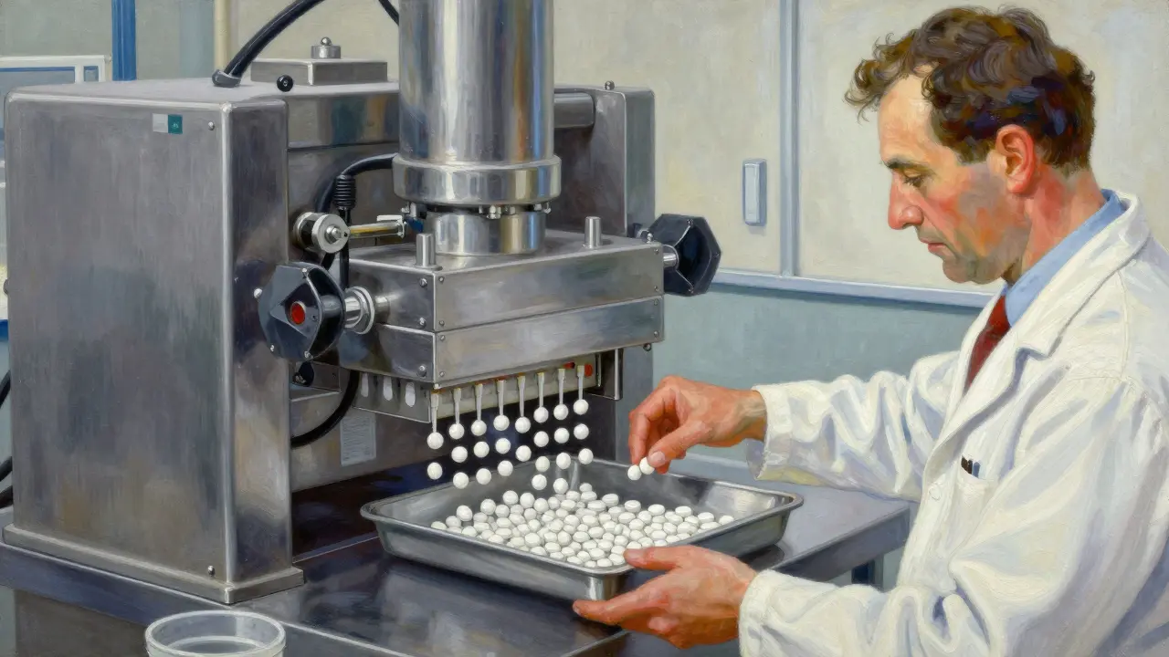 Industrial pharmaceutical machinery producing identical pills in a clean, professional manufacturing facility.