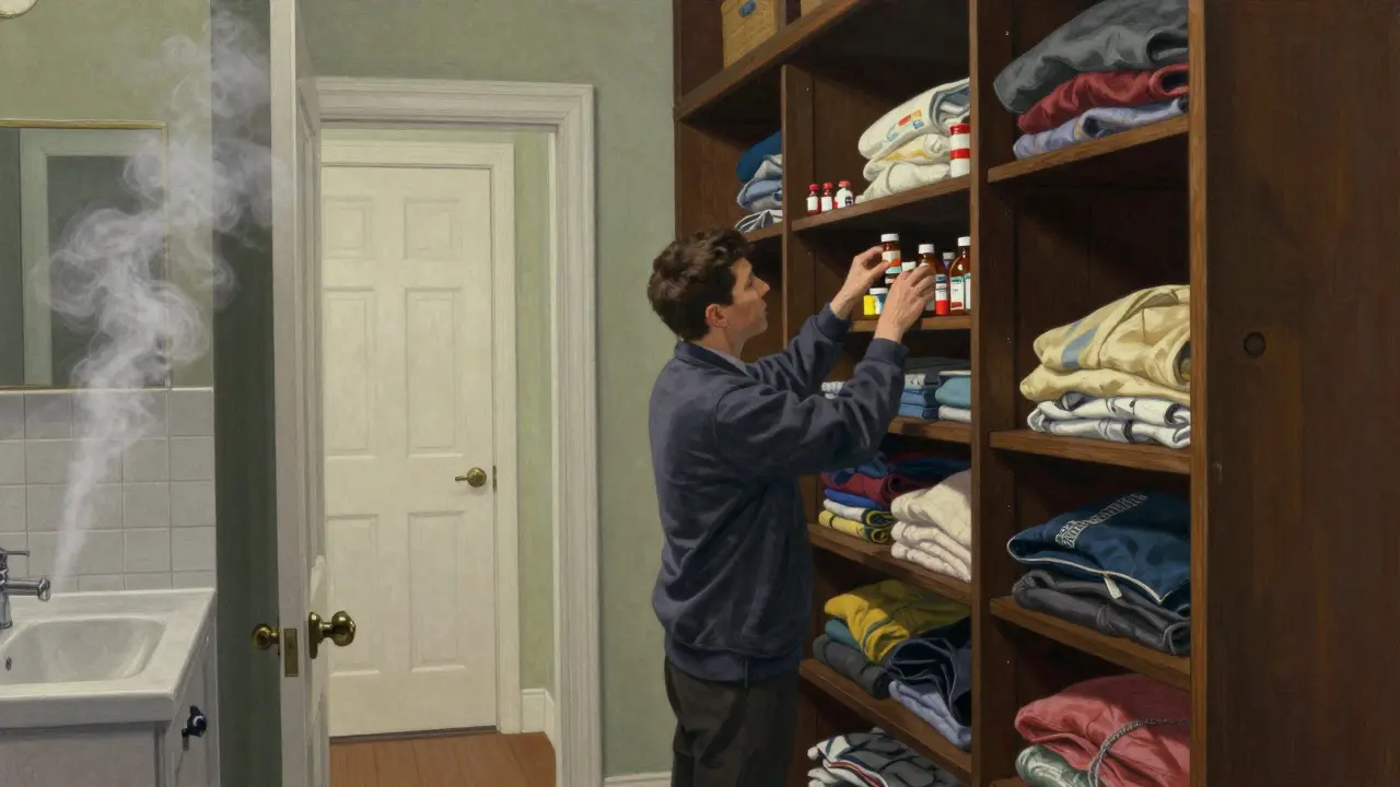 Person storing medication in a cool, dark bedroom closet for better preservation