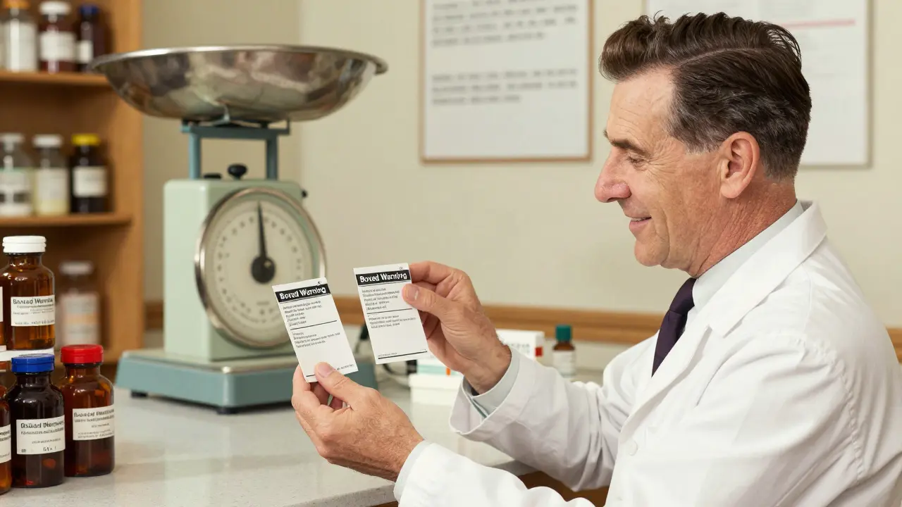 Pharmacist comparing medication labels to check for safety warnings