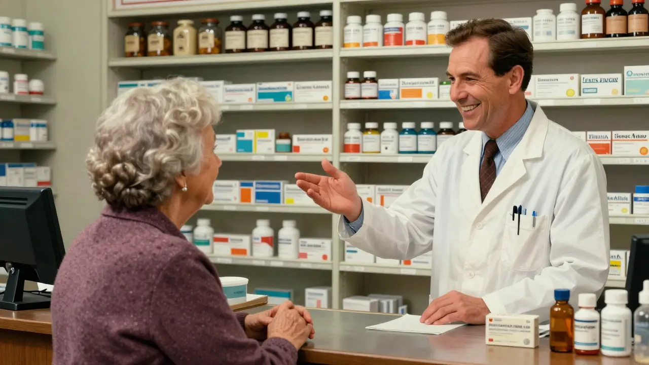Pharmacist explaining generic drug tiers to an elderly woman at a pharmacy counter
