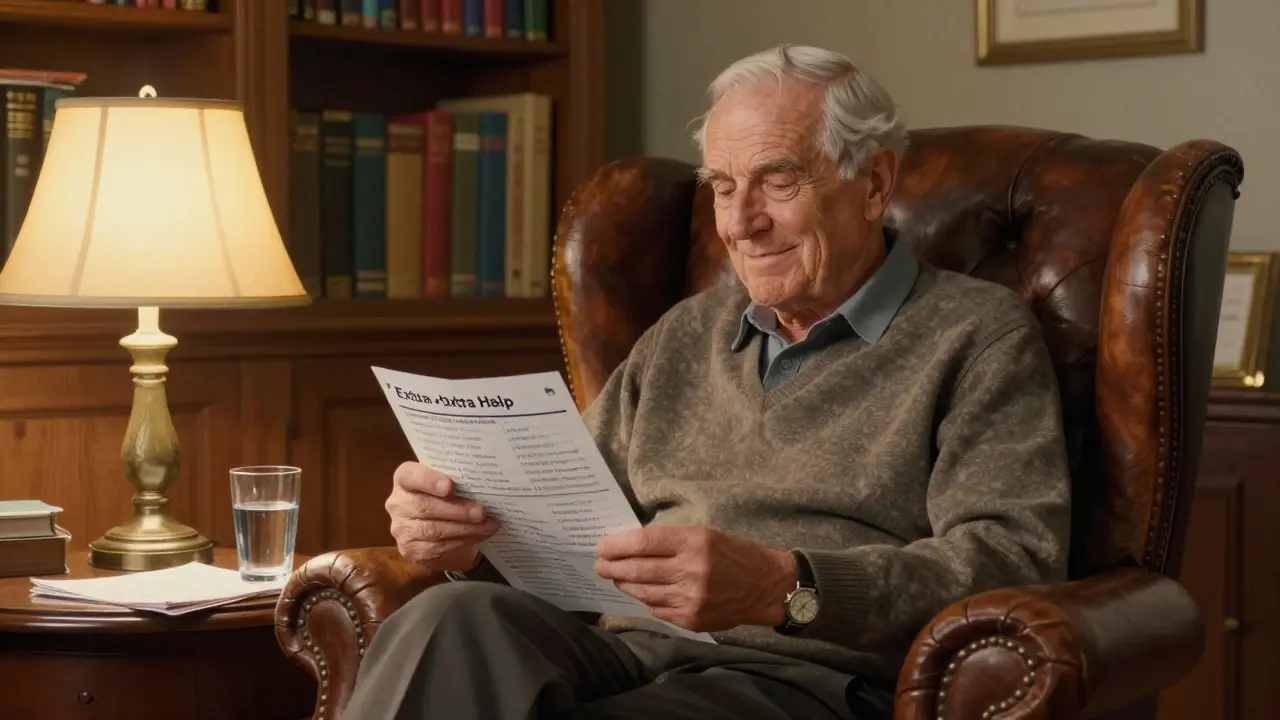 Senior man reviewing healthcare plan options in a comfortable home library