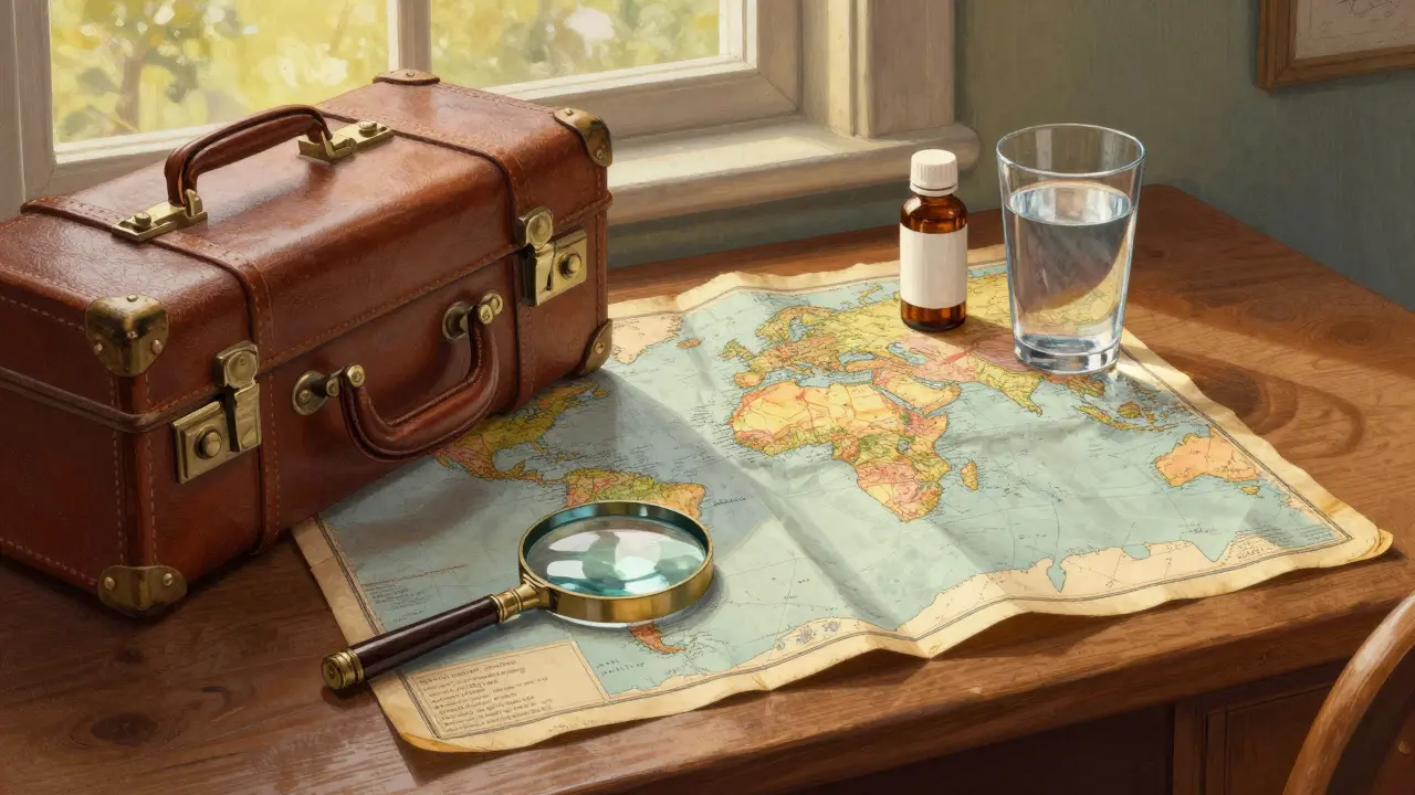 Traveler's desk with a vintage map, suitcase, and medication