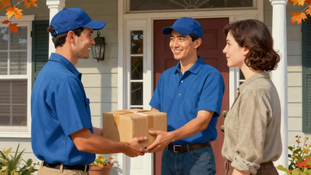 Courier delivering a secure medication package to a customer at their door.
