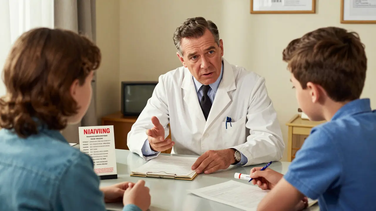 Doctor explaining prescription details and safety warnings to a patient in a cozy office.