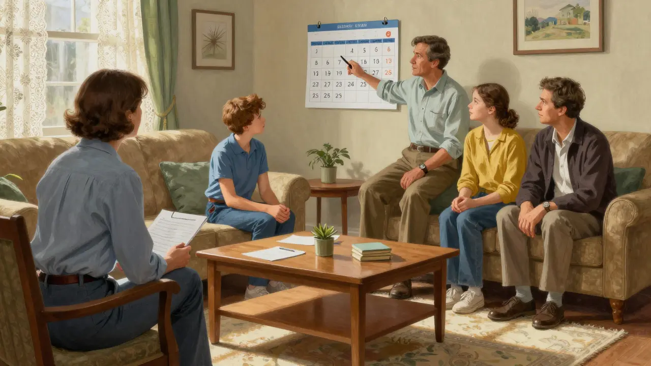 Family and clinician reviewing a monitoring schedule at home