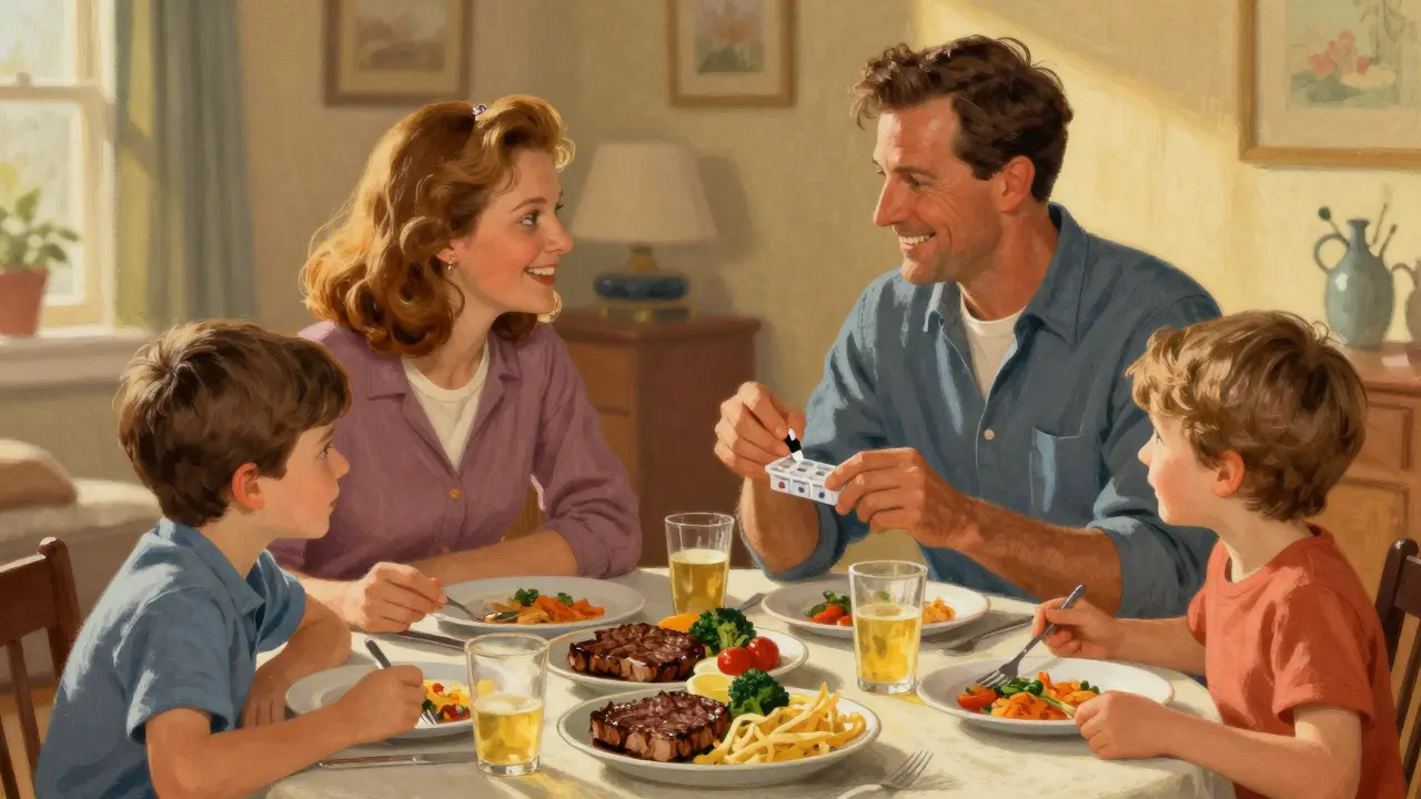 Family enjoying dinner after taking medication