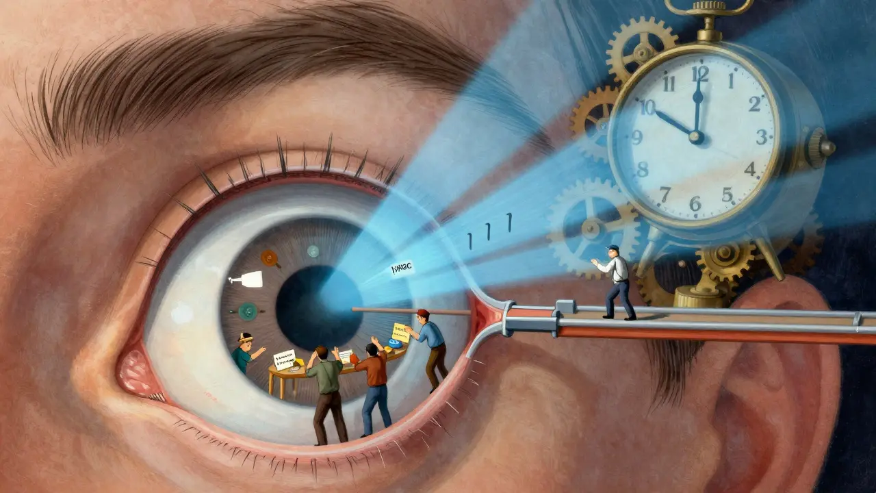 Illustration of an eye sending signals to a brain clock disrupted by blue light beams.