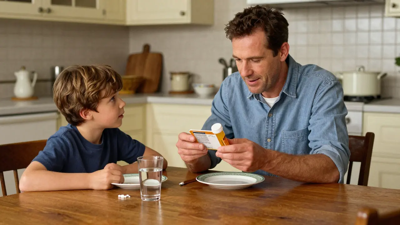 Parent reading medicine instructions at a kitchen table with a child nearby.