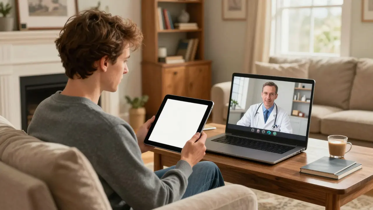 Patient having a telehealth video consultation from their comfortable living room sofa.