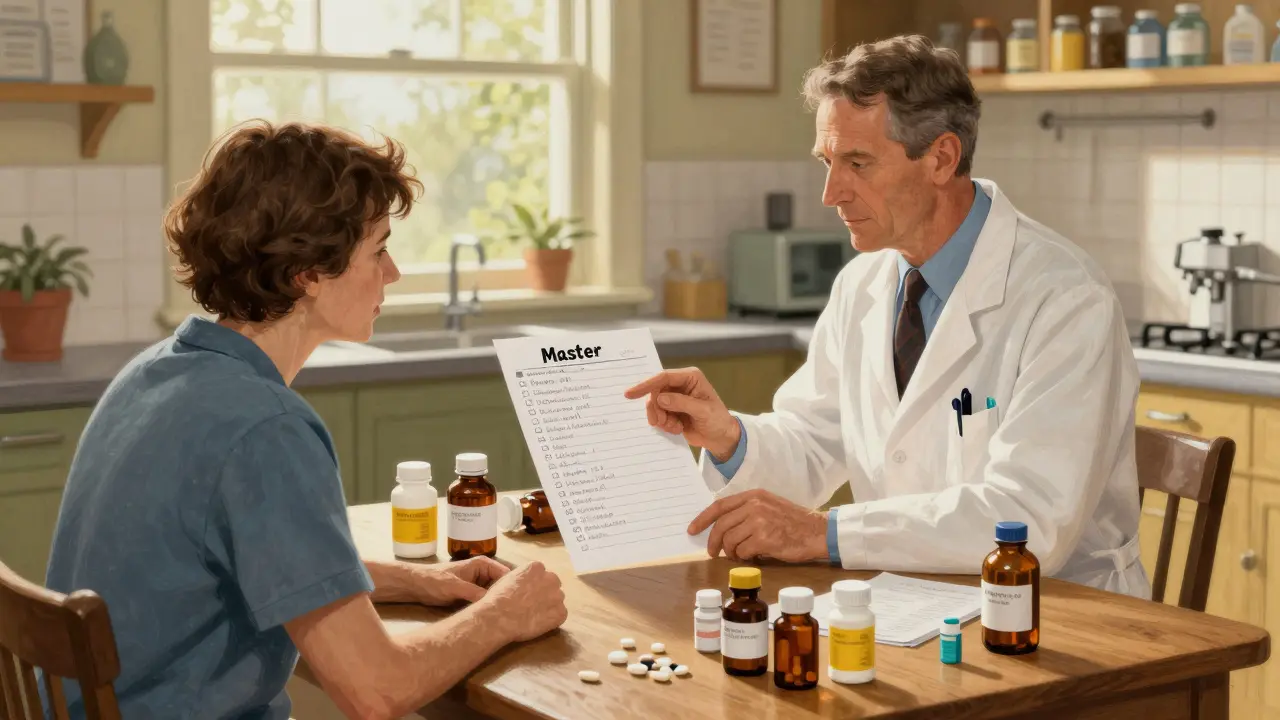 Patient reviewing medication list with a healthcare provider at a kitchen table