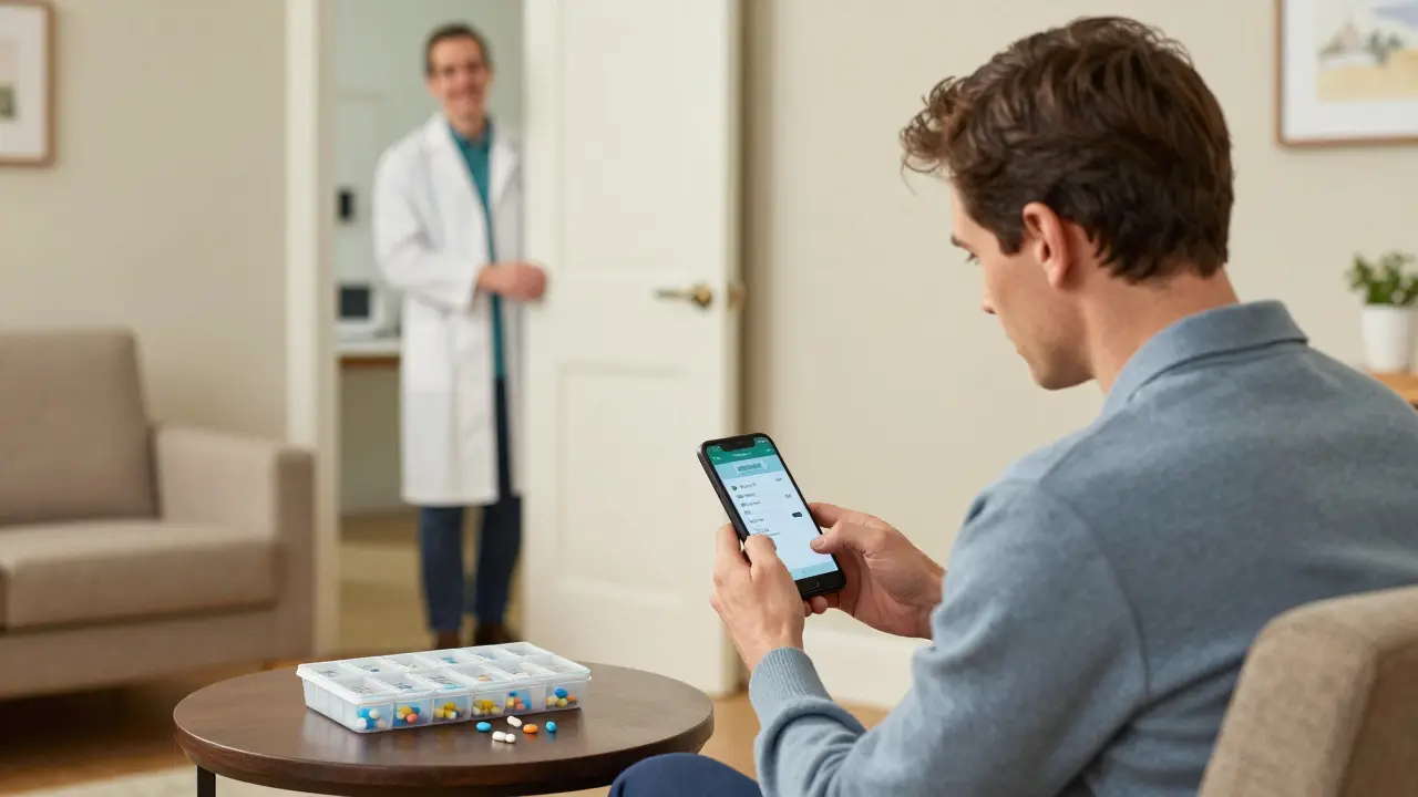 Patient setting phone alarms next to a weekly pill organizer at home