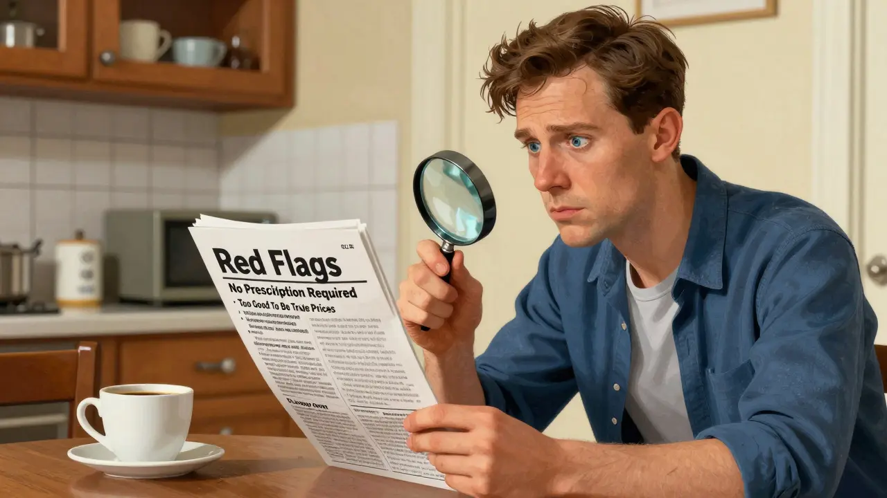 Person checking red flags for safe online pharmacy shopping