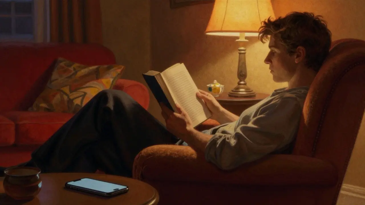 Person reading a physical book in a warm-lit room, with a phone set aside on a table.
