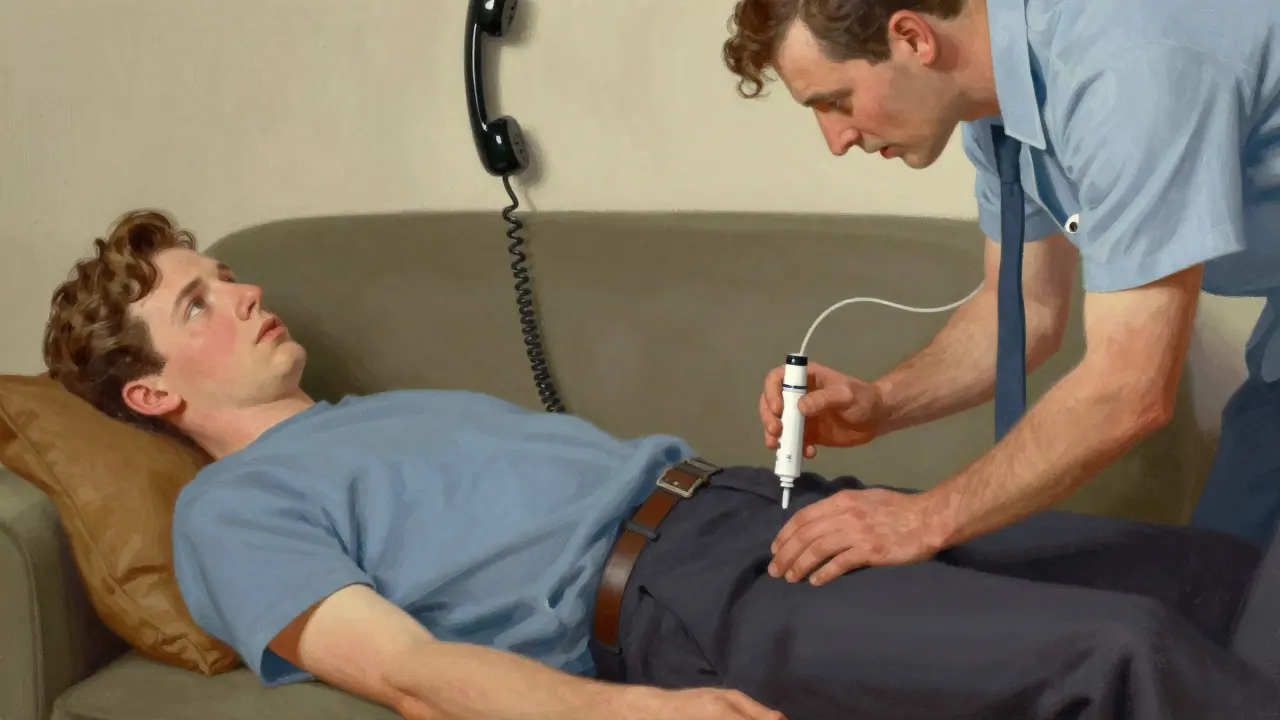 Person receiving an epinephrine injection in the thigh during a medical emergency at home.