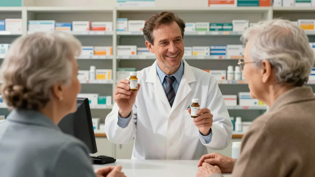 Pharmacist explaining generic drug options to a senior customer