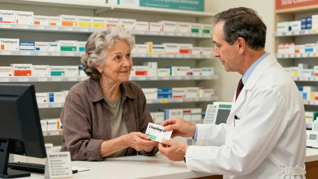 Pharmacist handing generic medication to grateful customer