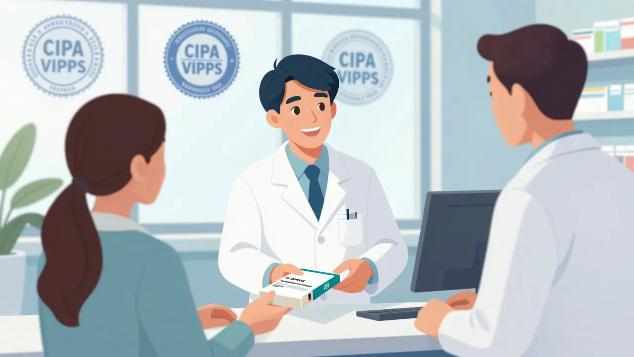 Pharmacist handing medicine to customer with safety seals