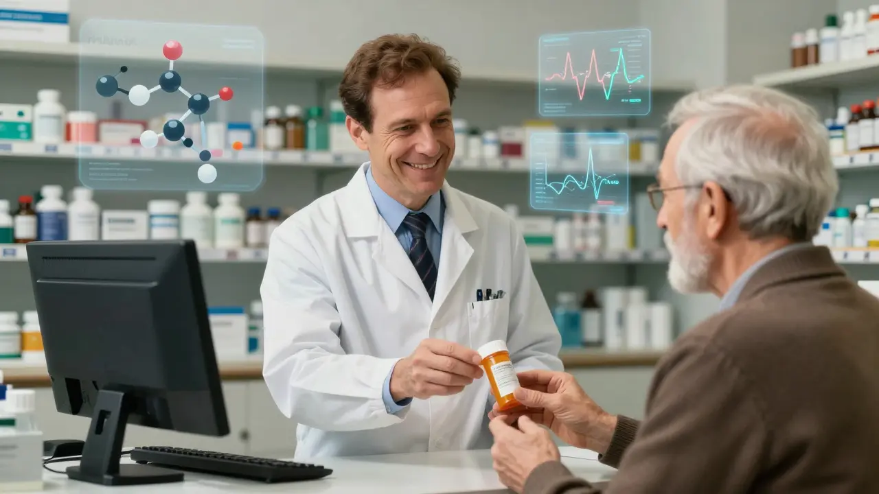 Pharmacist handing pills to a patient with medical tech overlays.