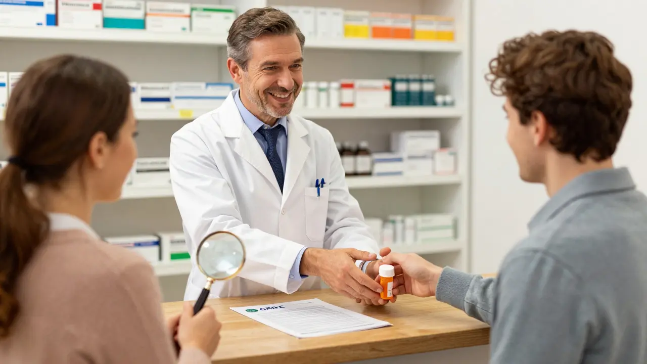 Pharmacist handing prescription to customer safely