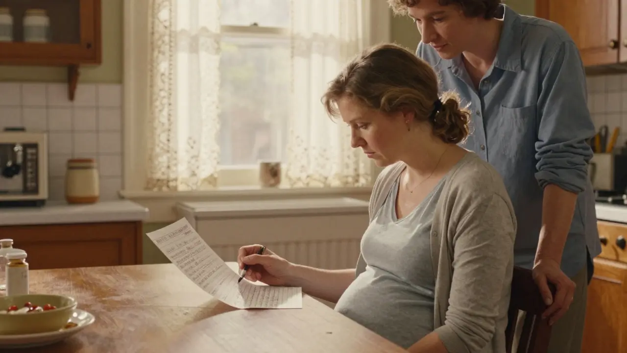 Pregnant couple reviewing medication list at kitchen table
