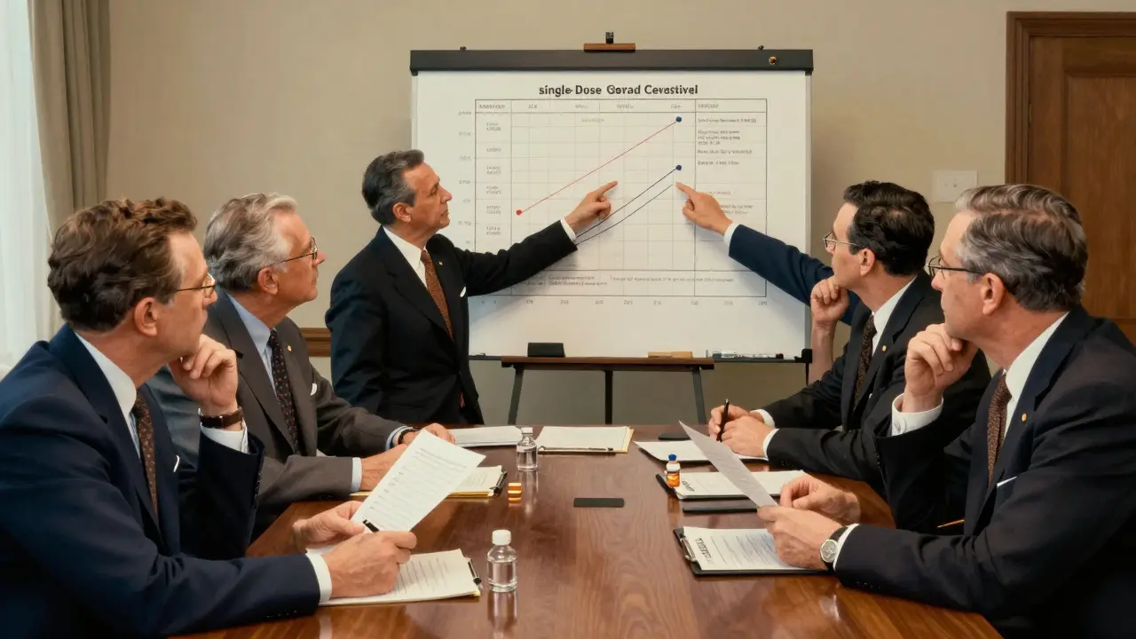 Regulatory officials reviewing bioequivalence study charts at a meeting.