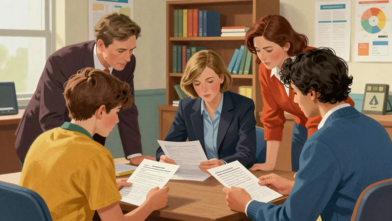 School counselor, parent, and teen discussing care plan together